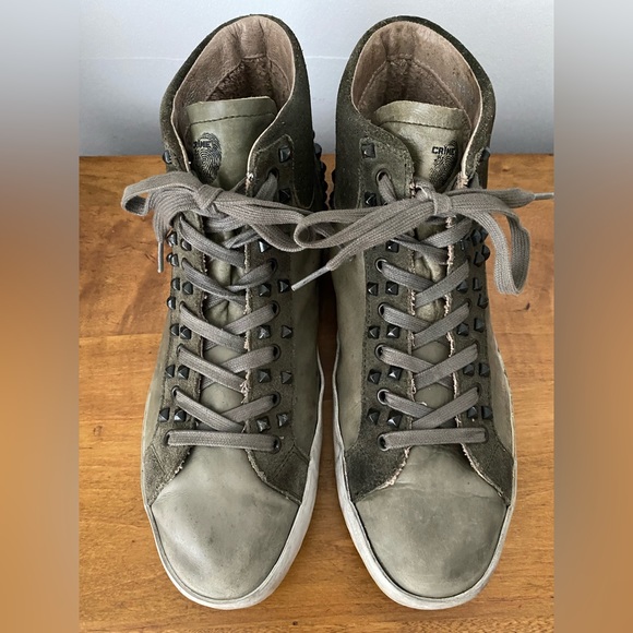 Crime London Green Leather Distressed Studded High Top Sneakers 41/11 - Picture 1 of 14